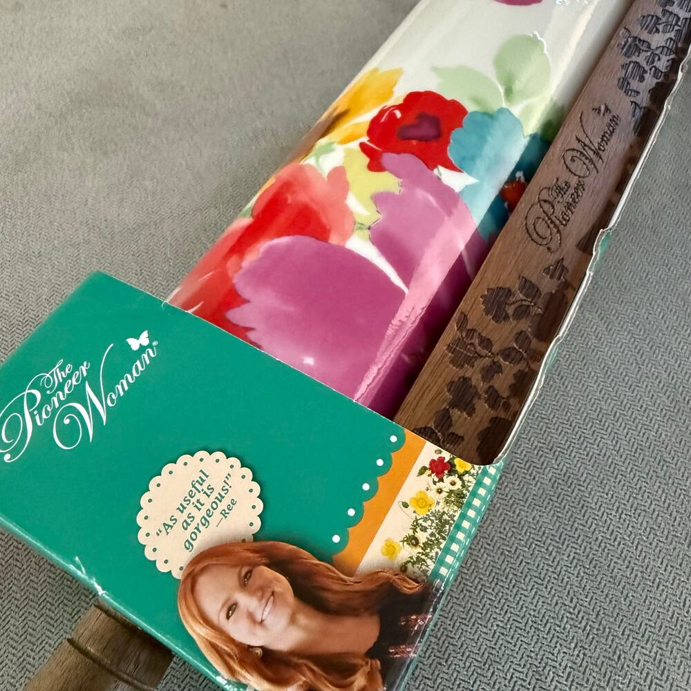 The Pioneer Woman Ceramic Rolling Pin w/ Wooden Display Base Floral Open Box New